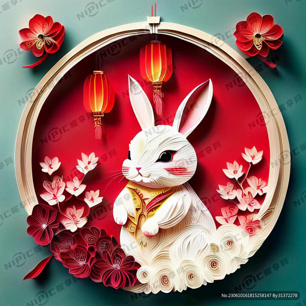 衍纸艺术 春节 可爱兔子 红梅
