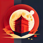 中秋月饼盒红为主色值围绕古代建筑的插画形式具有抽象艺术画风简约高端画面