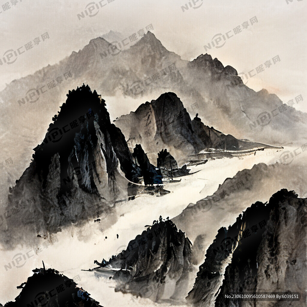 写意山水画 国画 水墨 河流