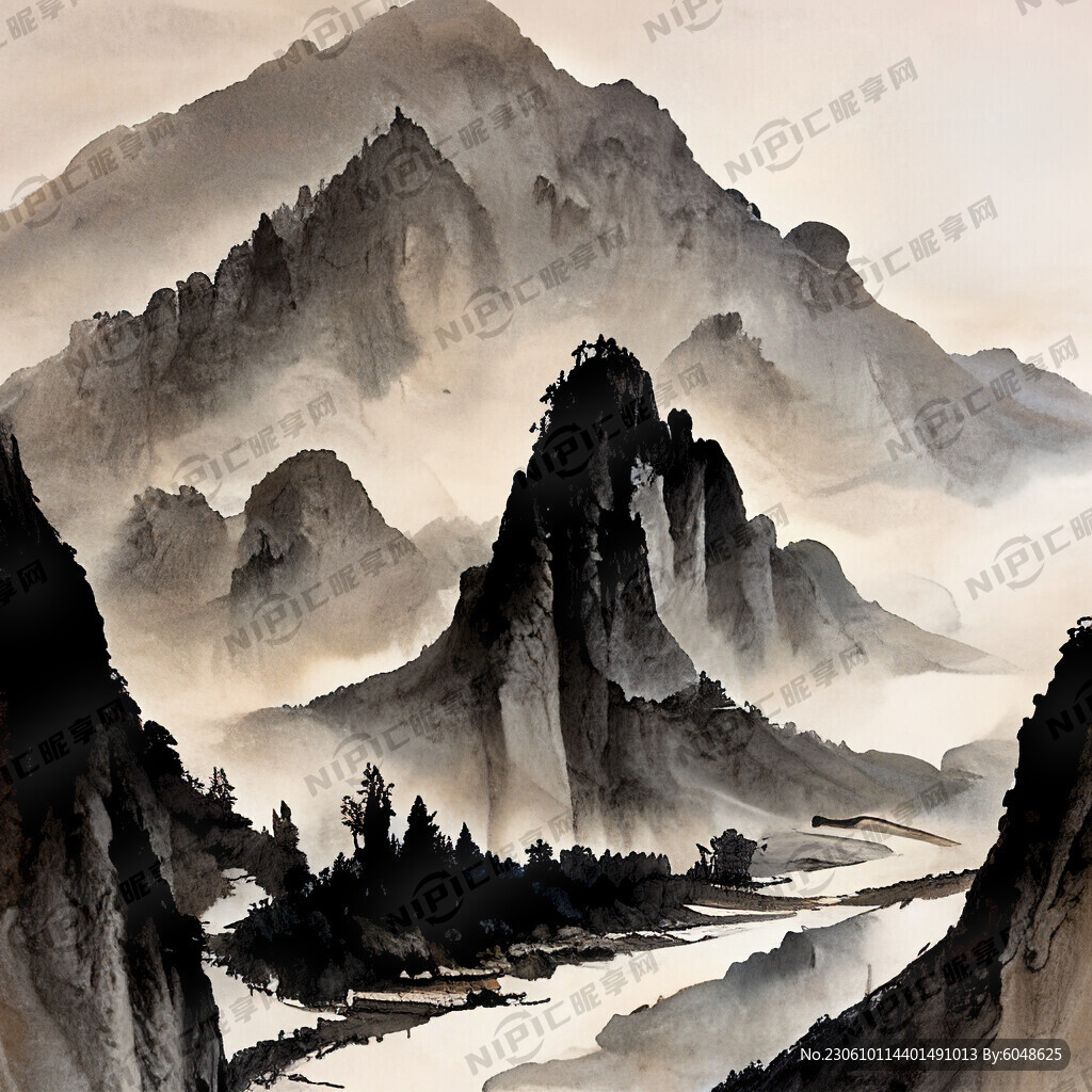 青海西宁山谷 中国风 中国画