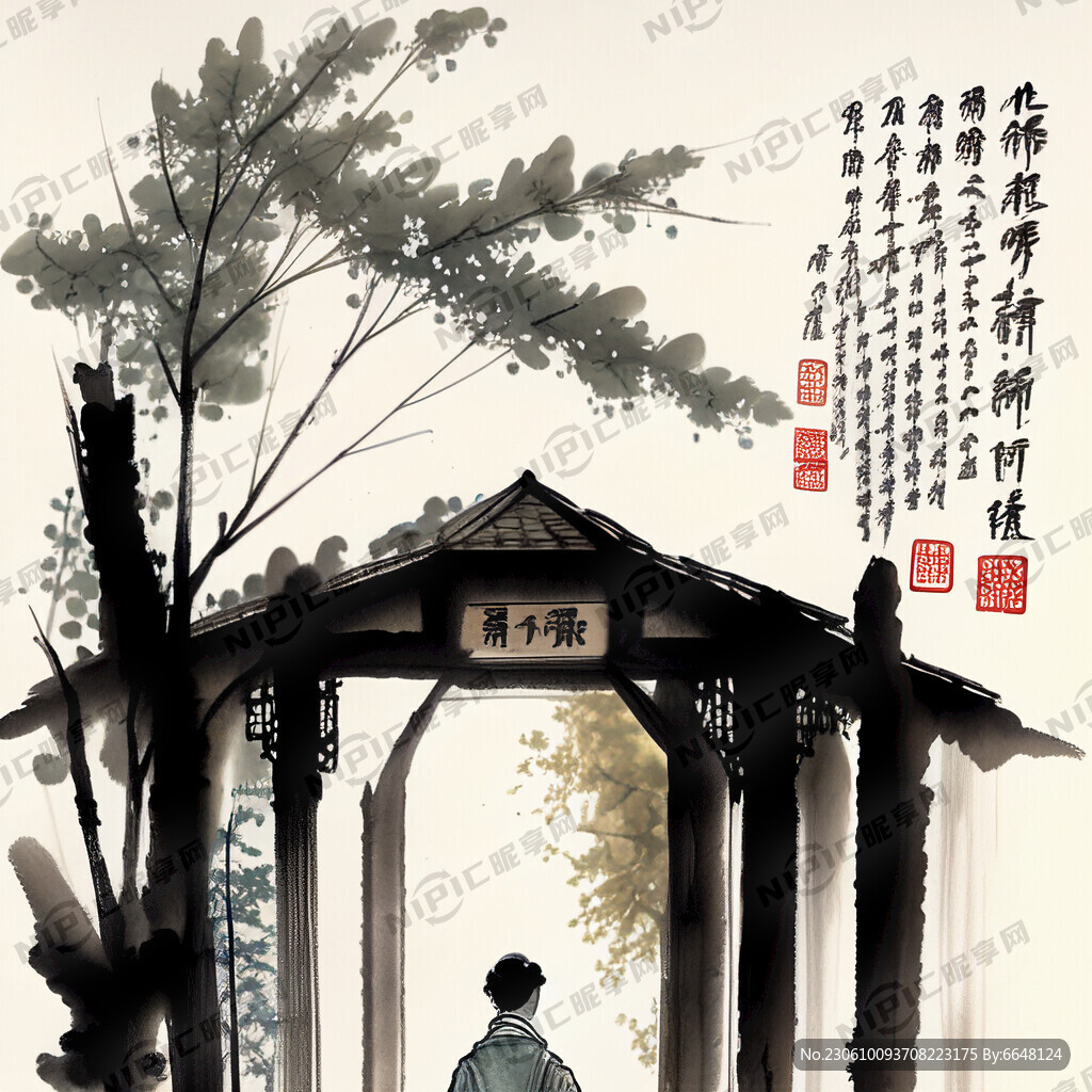 中医文化长廊春夏秋冬水墨画底图