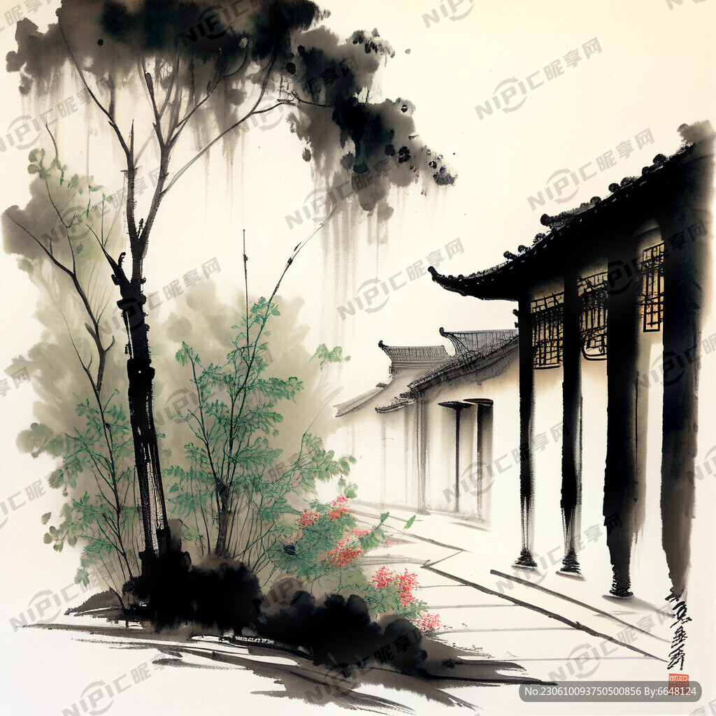 中医文化长廊春夏秋冬水墨画底图