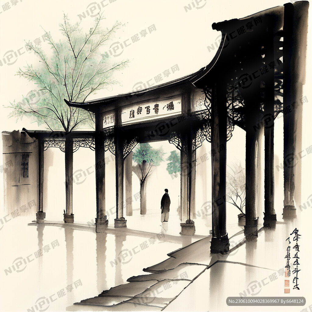 春夏秋冬中医文化长廊水墨画底图