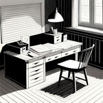 黑白线条文件，桌子，椅子，地毯，收纳箱