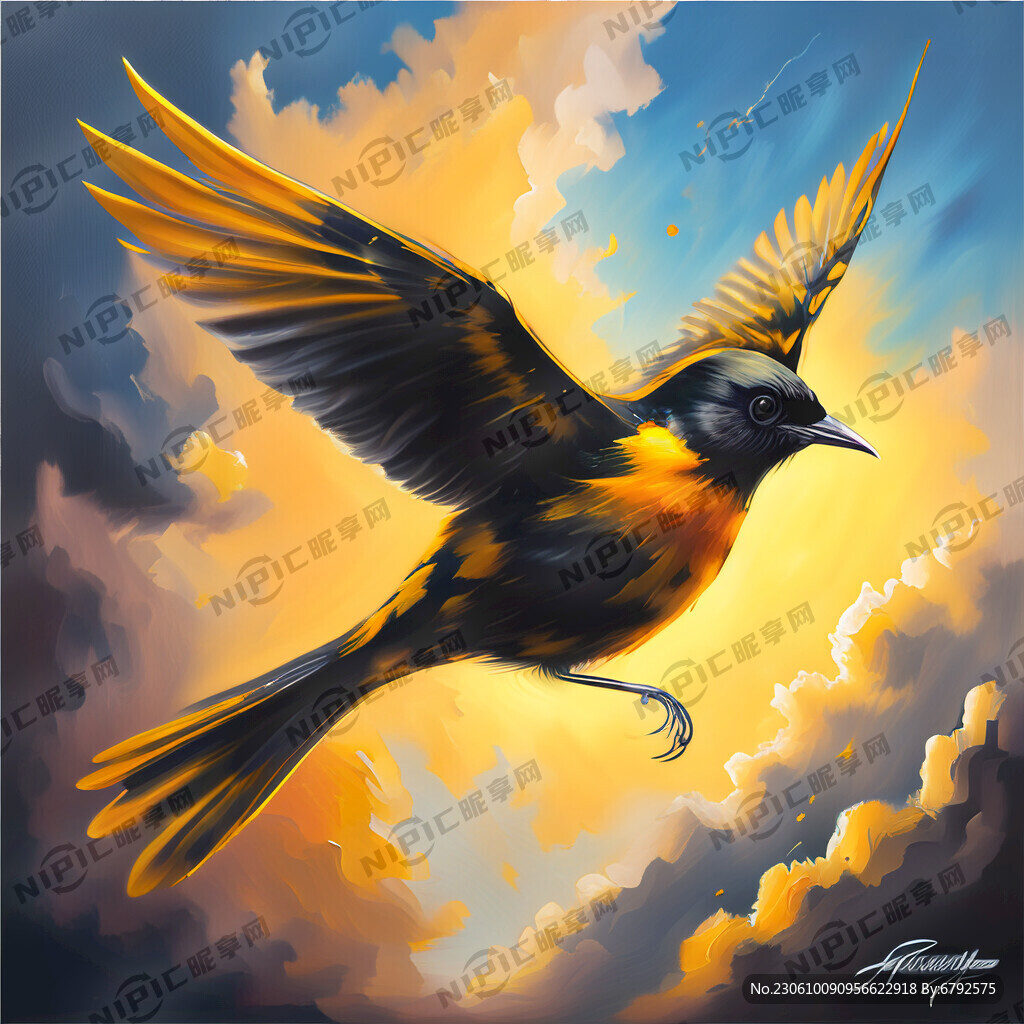 黄鹂鸟油画天空飞