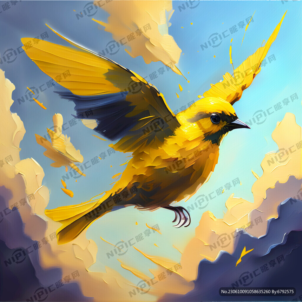 黄色鸟油画天空飞