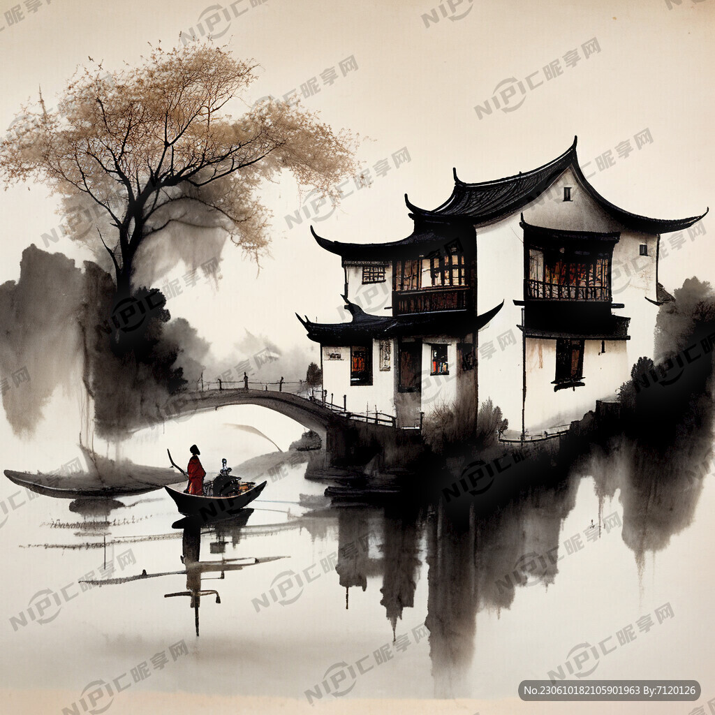 水墨画 徽派古房 小桥流水