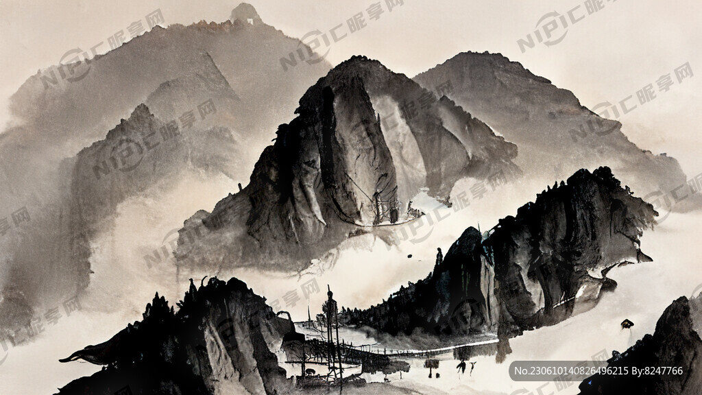 写意山水画 国画 水墨 河流