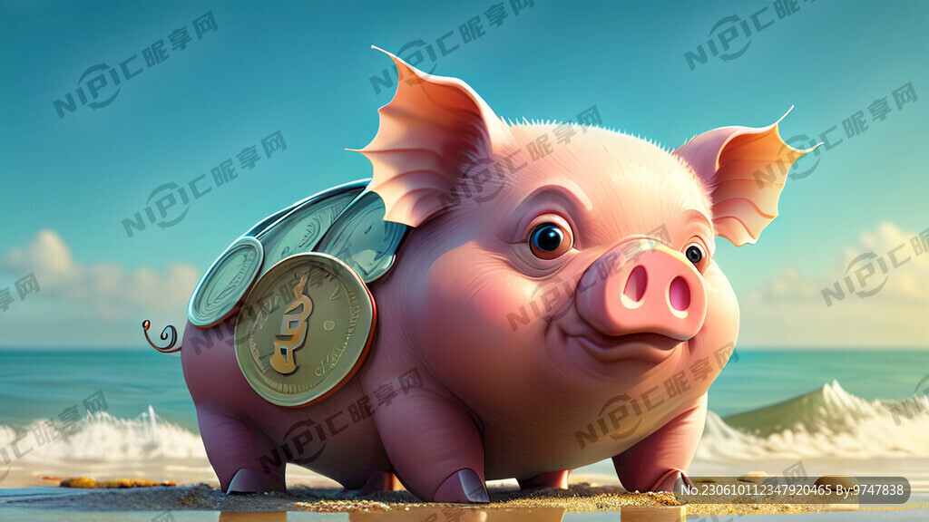 海边卡通猪金钱金融