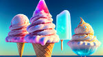 冰激凌在画面左侧，晶莹剔透，梦幻，CG，夏天场景，冰爽感，全息感，科幻，梦幻，超高清，超宽幅，3D立体，暖色，炫彩