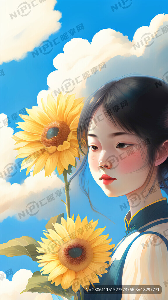 向日葵 阳光女孩 蓝天 白云