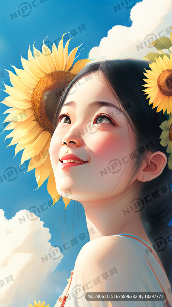 向日葵 阳光 抬头微笑大眼女孩