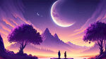 游戏梦幻唯美风景，超高清，暗紫色夜晚，细节刻画，沐浴在月光里的两人，飘渺电影般环境，明亮清晰