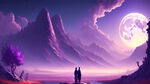 游戏梦幻唯美风景，超高清，暗紫色夜晚，细节刻画，沐浴在月光里的两人，飘渺电影般环境