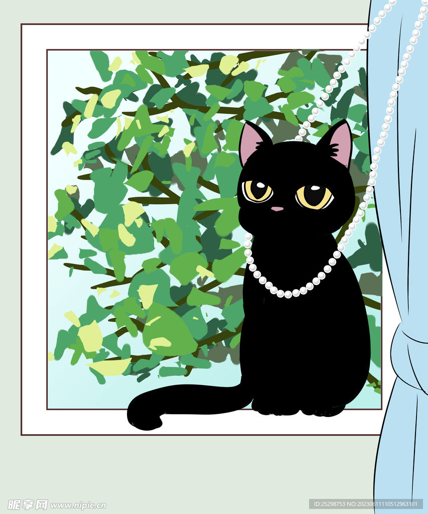 手绘珍珠黑猫