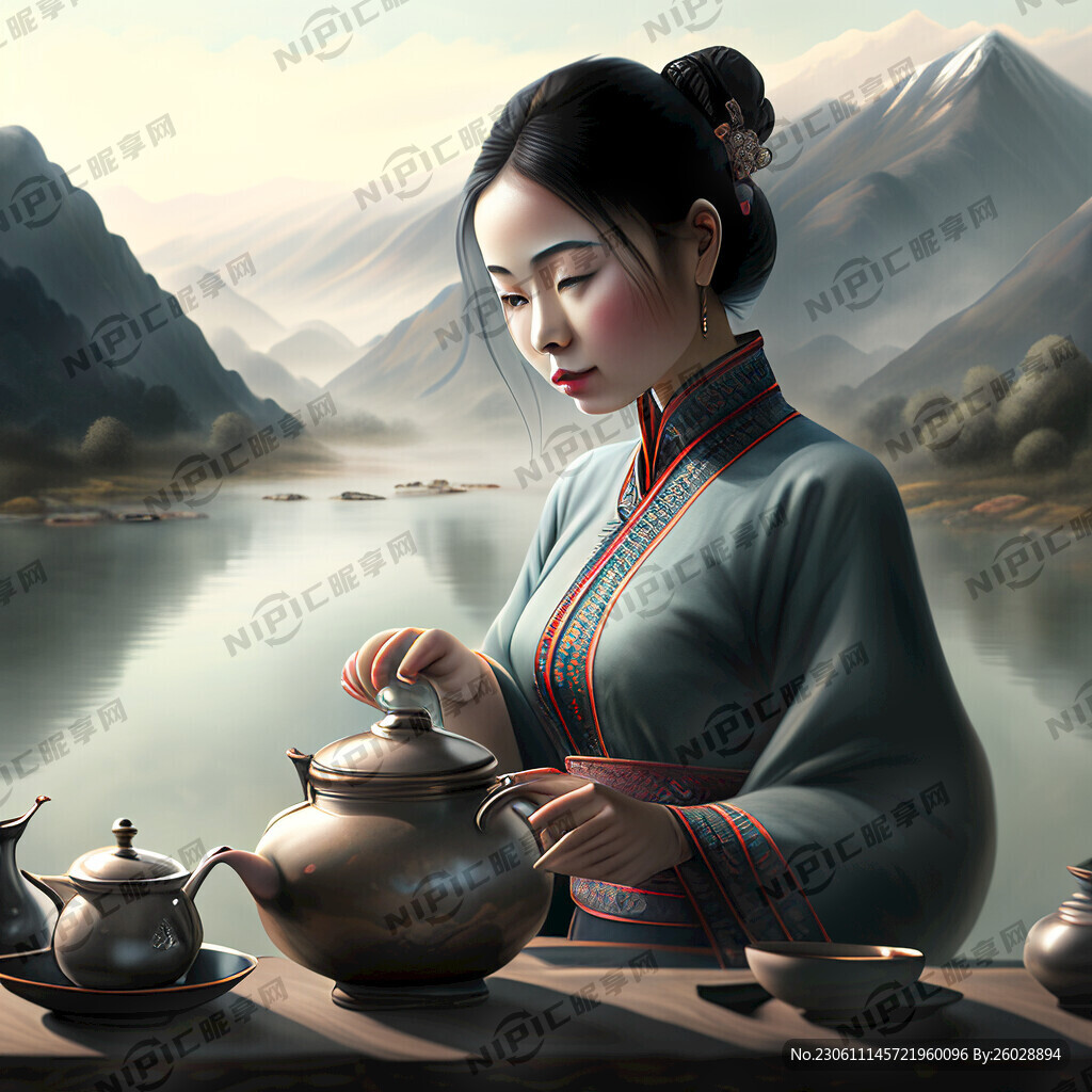 画一幅美女在山清水秀的地方泡茶