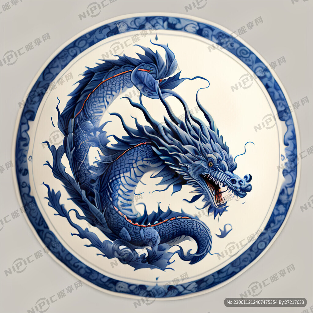 手绘圆形青花龙