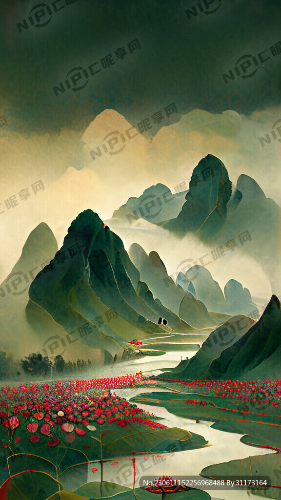 一条河流两边绿色的山峰远处一个