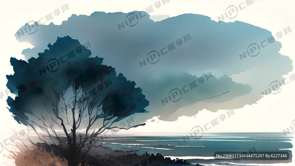 俯视海面 空旷感 国风插画