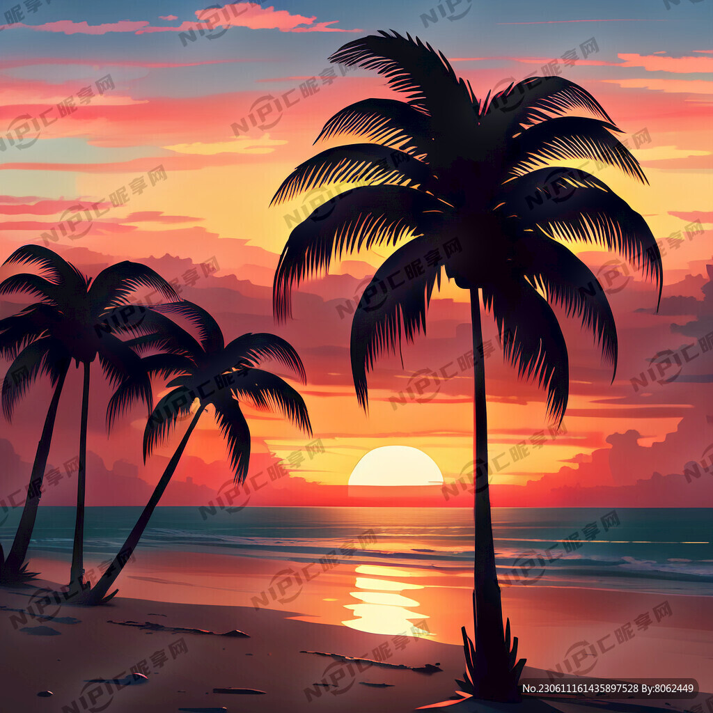 海边沙滩日落椰树晚霞