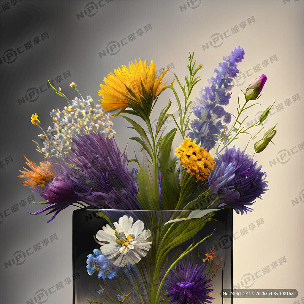 玻璃花瓶里插满各式各样的野花