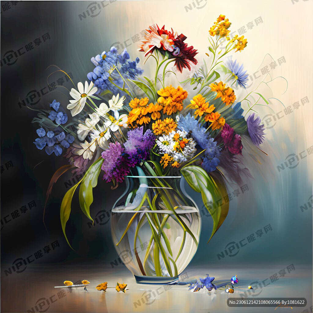 玻璃花瓶里插满各式各样的野花油