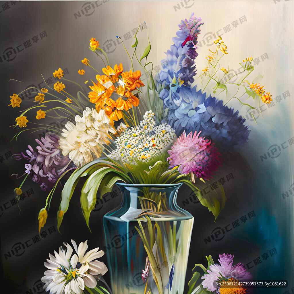 玻璃花瓶里插满各式各样的野花油