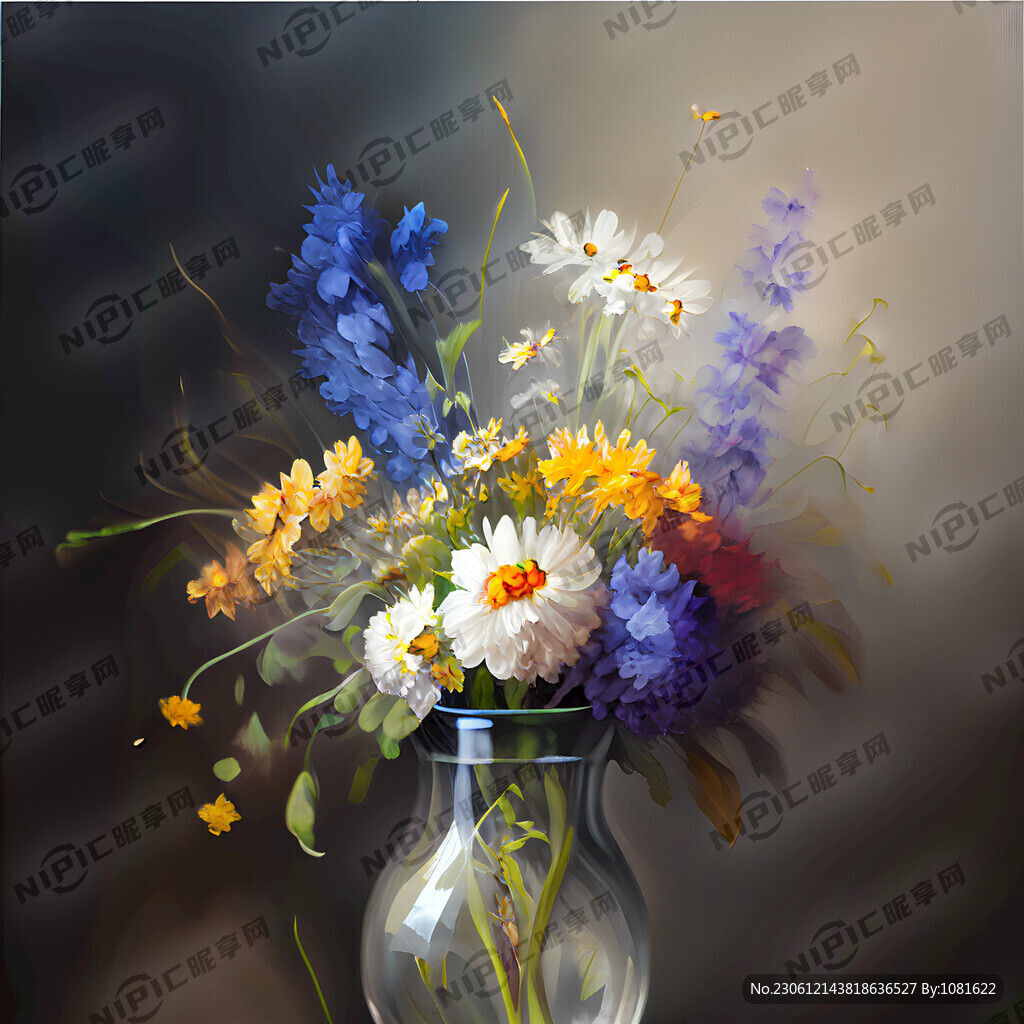 完整玻璃花瓶里插满野花油画