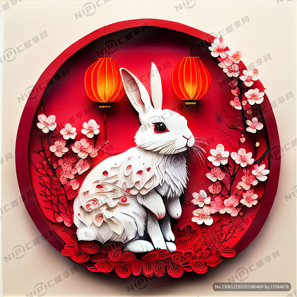 衍纸艺术 春节 可爱兔子 红梅