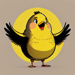 以小鸟为原型的卡通吉祥物形象，面带微笑，举起左胳膊，黄色微胖的身躯，构图线条简单，要可爱，萌萌的