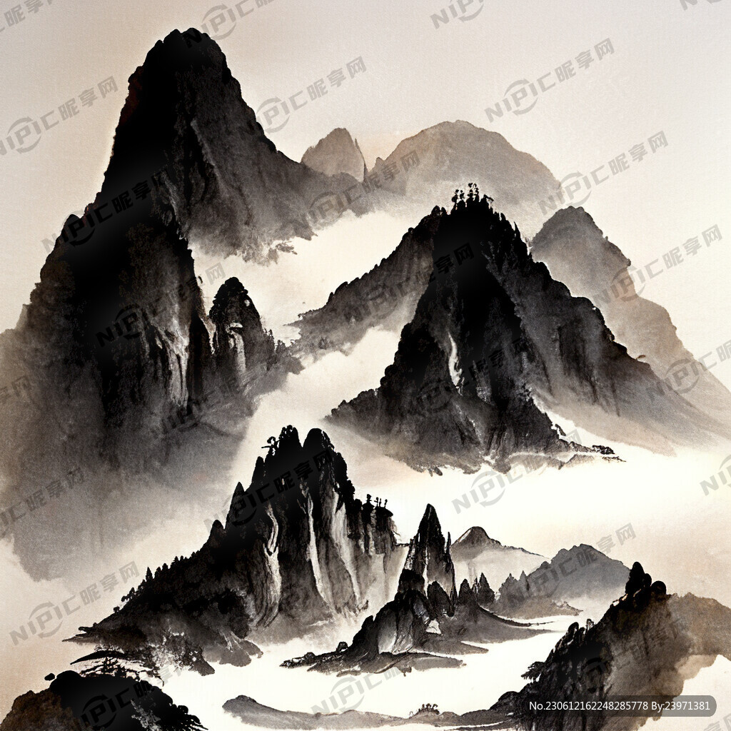 山水人文水墨画