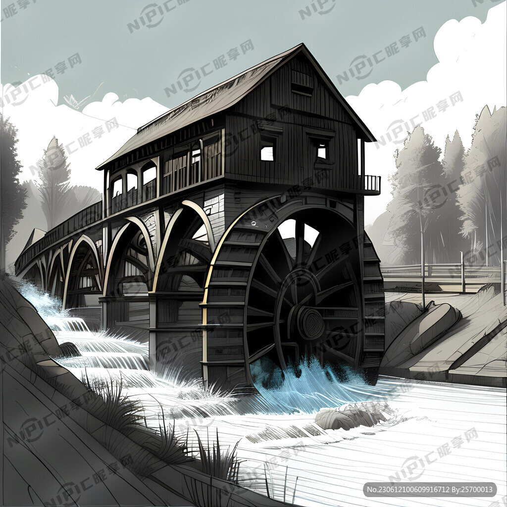 要用线条描绘廊桥 水车
