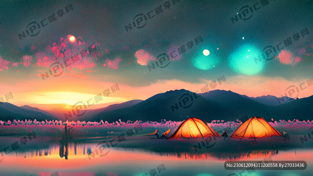 花海湖水露营音落日星光