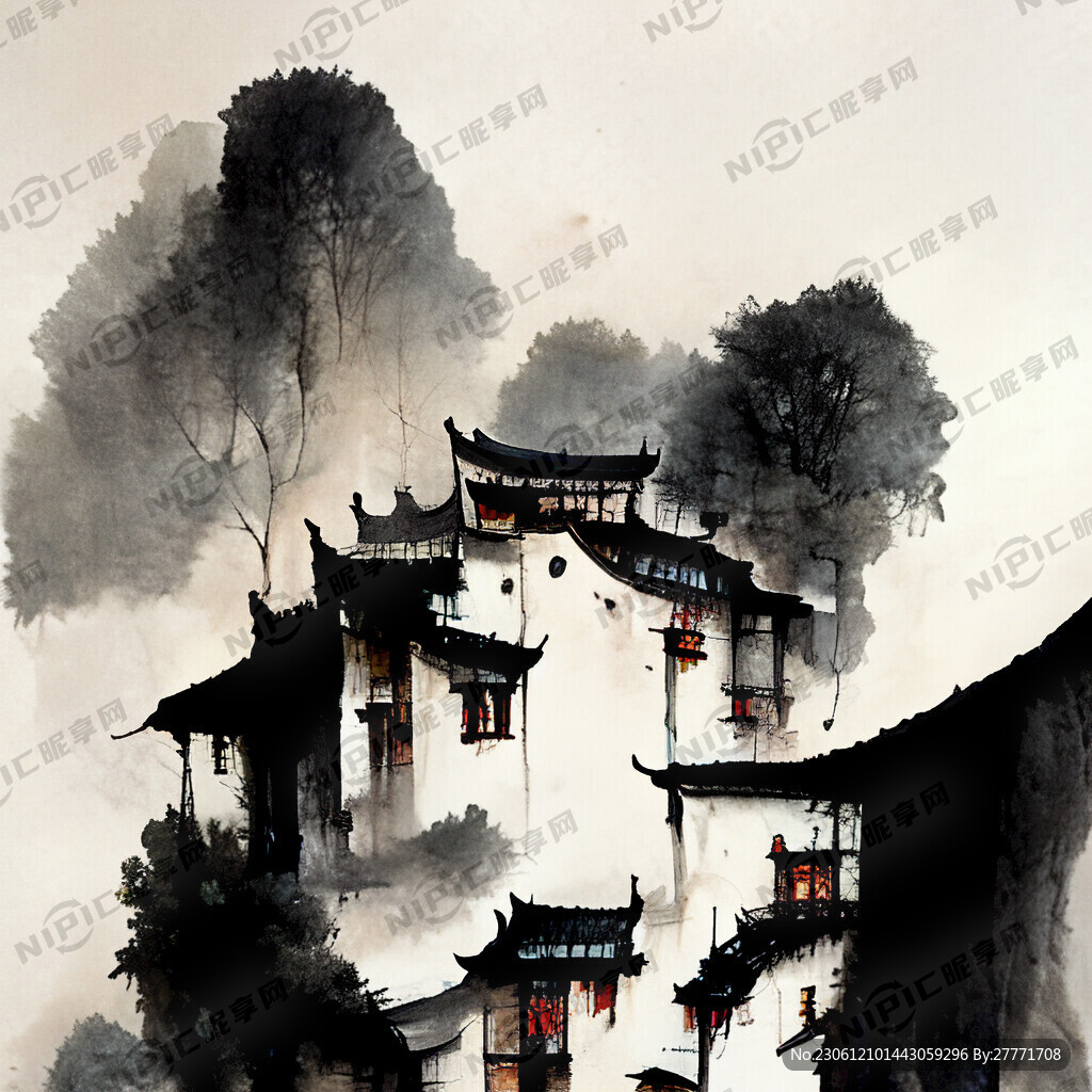 水墨 江南背景 房屋