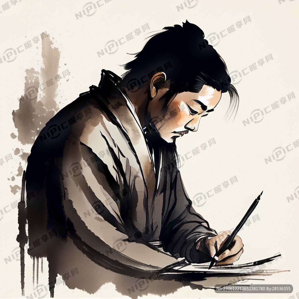 正在写毛笔字的男性古代人物剪影