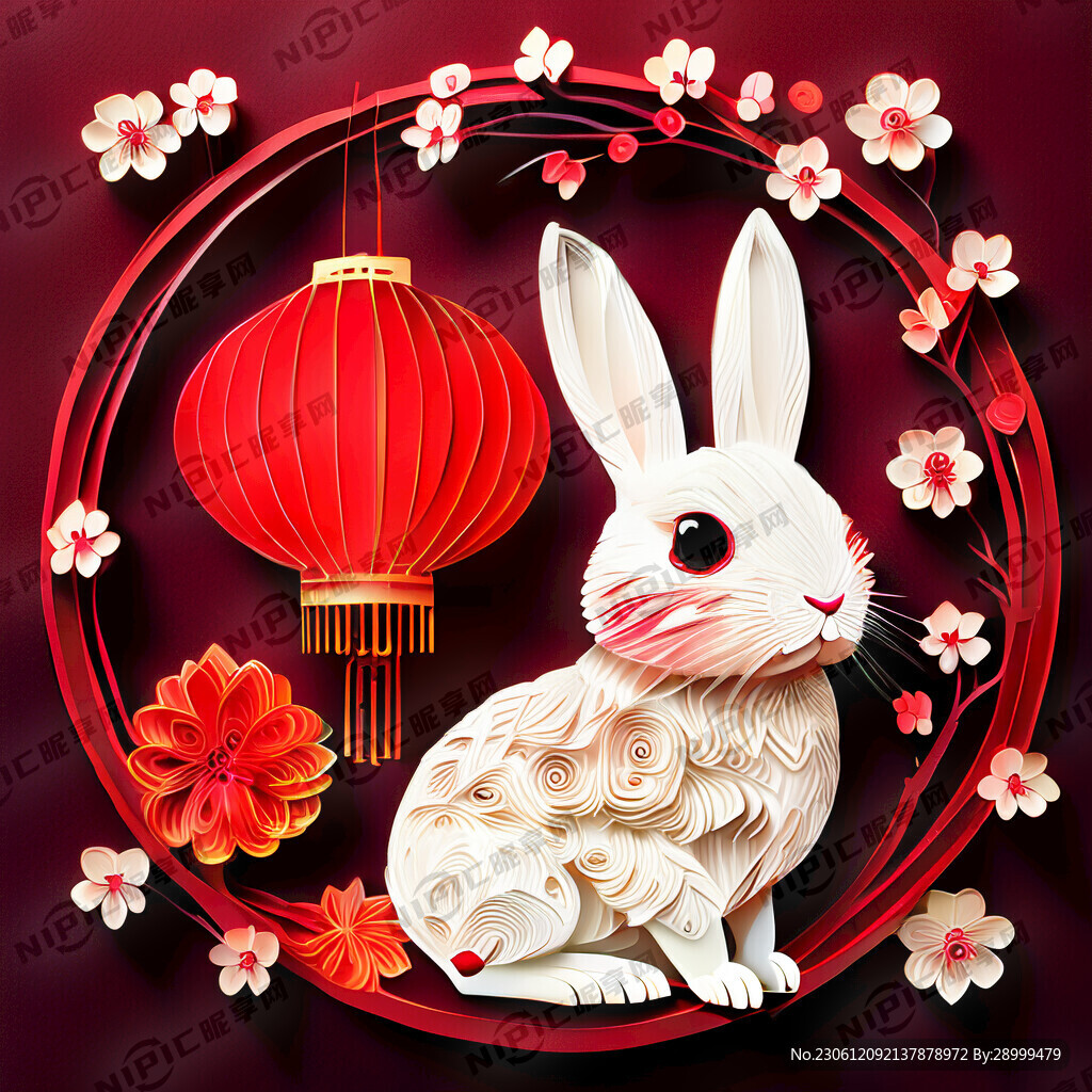 衍纸艺术 春节 可爱兔子 红梅