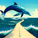 海洋里面延伸出来一条马路，海豚在海洋上方跳跃。