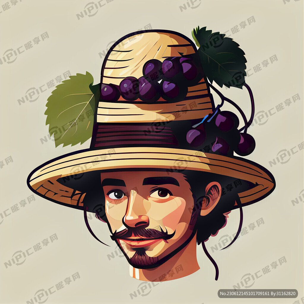 头戴草帽手持葡萄矢量人物图
