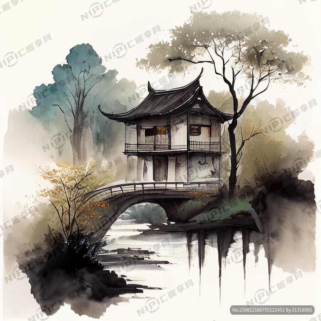 古代房子 树 小桥流水