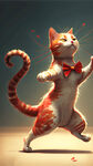 一个带红色蝴蝶结跳舞的猫