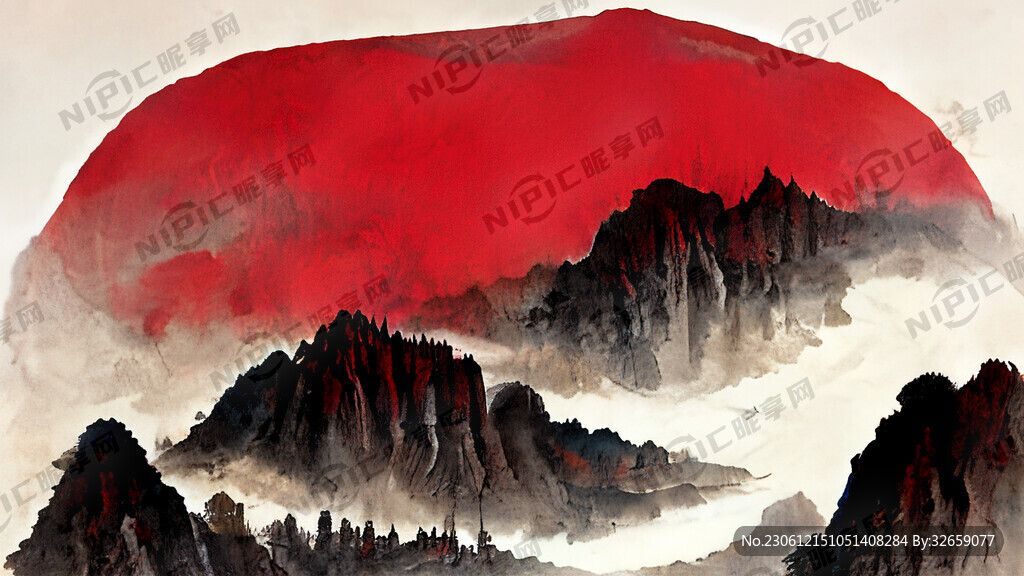 红旗 中国红 山水画