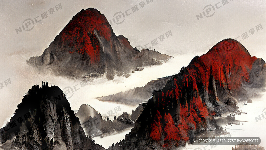 山河万里 中国红 写意山水画
