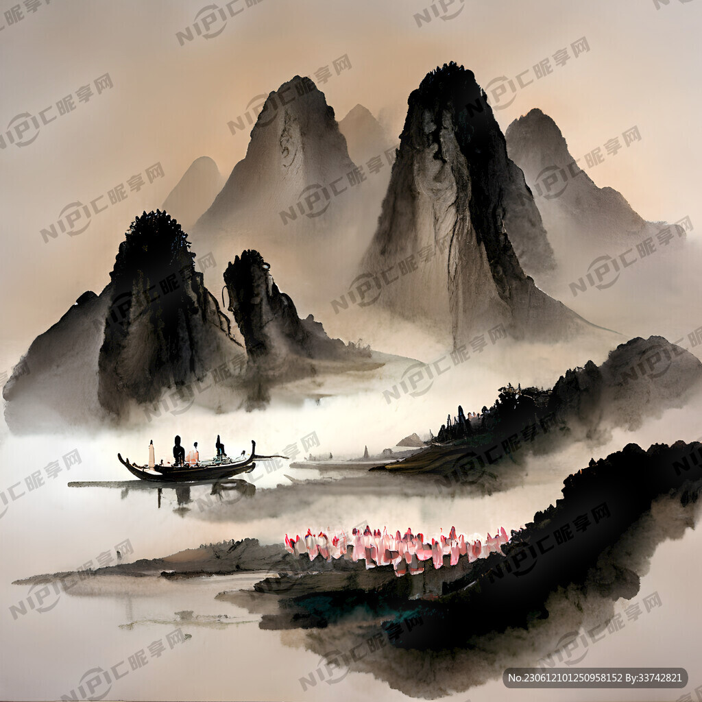 水墨画山水小船荷花