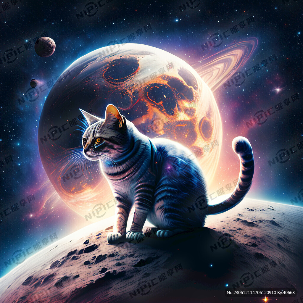 一个太空猫 背景有星空
