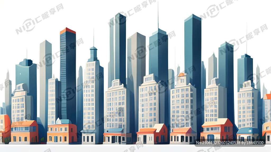 白色背景一排建筑卡通城市插画二