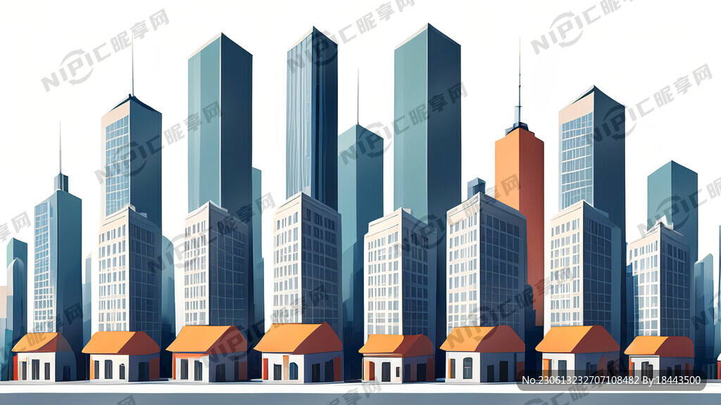 白色背景一排建筑卡通城市插画二