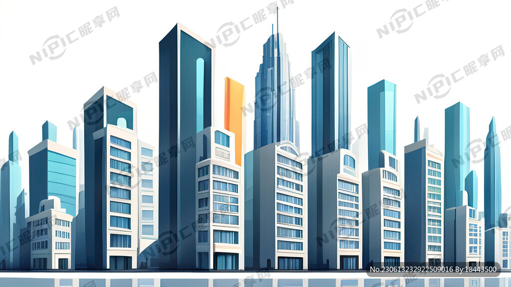 白色背景一排建筑卡通城市插画二
