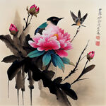 中国风，中国画，欧式花鸟，牡丹花，玉兰花，小鸟，高雅，高清。