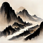 山谷，中国风，中国画，山水，水墨风格，写意，意境，高雅，高清，仙风道骨。