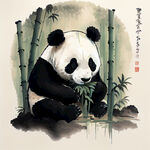 竹林，中国风，中国画，熊猫吃竹子，水墨风格，写意，意境，高雅，高清。